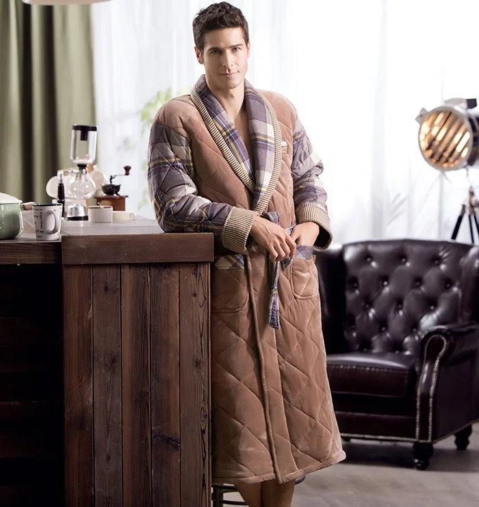 Brand Winter Bathrobe for Men British Casual Thickening Flannel Cotton Bath Robe Male Winter Home Dressing Gown With String Blet