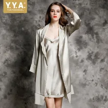 Высококачественная Роскошная облегающая женская ночная одежда шелковые атласные ночные рубашки комплекты халатов сексуальные пижамы с v-образным вырезом на подтяжках комплекты из двух предметов