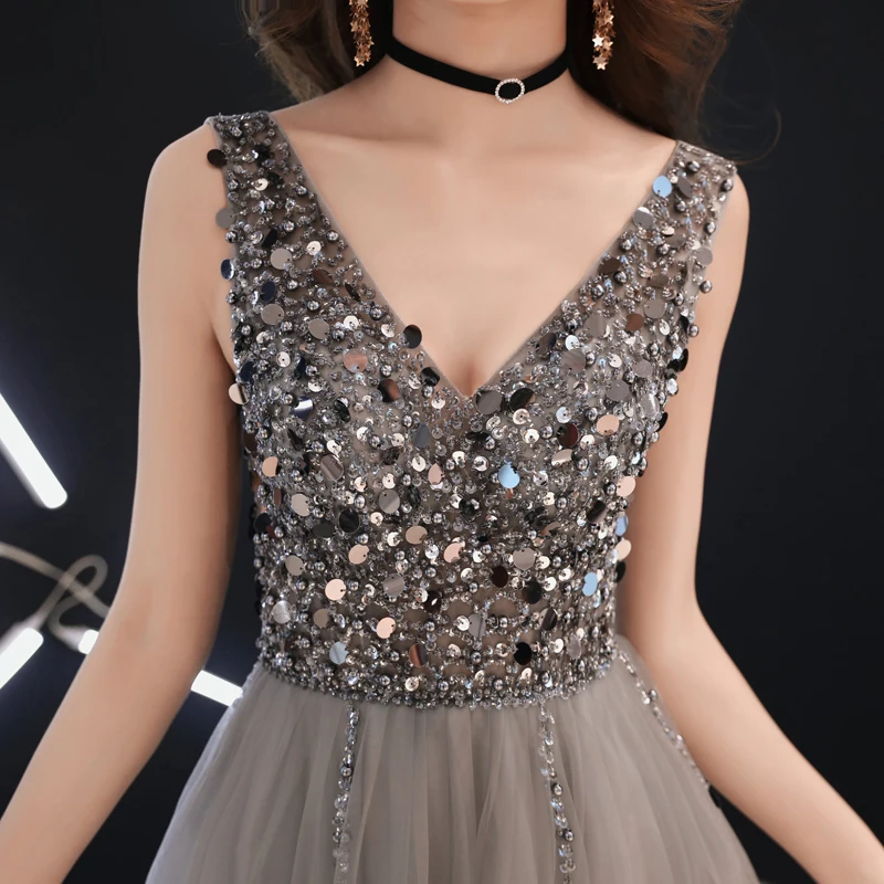 Beauty Emily Long Grey Luxury Beads Evening Dresses 2019 Backless V-Neck Floor-Length Formal Party Evening Prom Dresses Gowns Beauty Emily Long Grey Luxury Beads Evening Dresses 2019 Backless V-Neck Floor-Length Formal Party Evening Prom Dresses Gowns