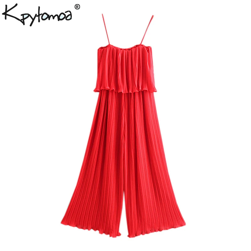 

Vintage Flowy Ruffled Pleated Strap Jumpsuit Women 2019 Fashion Elastic Waist Loose Ladies Chic Rompers Casual Bodysuit Femme
