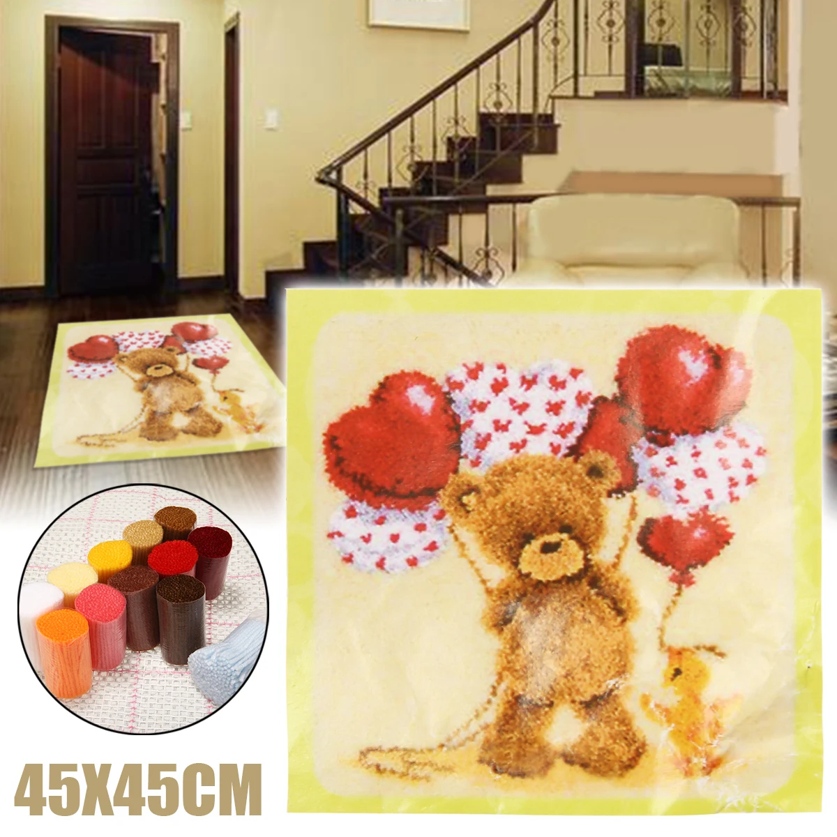 1 Set Latch Hook Rug Carpet Kits for DIY Needlework Unfinished Crocheting Rug Making Bear Balloon Pattern Cushion