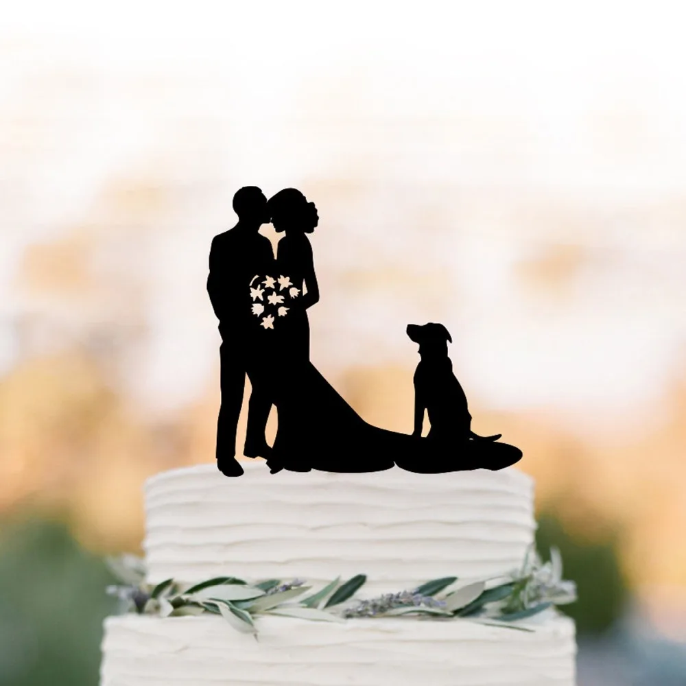 Mr and Mrs Wedding Cake Topper, Groom kissing brides forehead with dog silhouette Cake topper , funny wedding cake topper decor