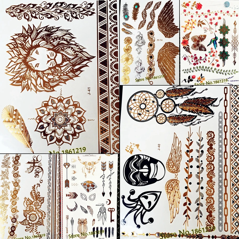 

Gold Henna Flower Metallic Temporary Tattoo For Women Girl Makeup Body Art ARm Mandala Dream Catcher Fake Flash Tattoo Stickers