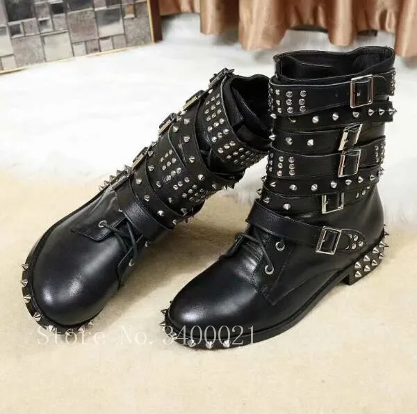 

Black Genuine Leather Women Boots Mid-Calf Flats Spikes Rivets Studs Buckles Motorcycle Boots Short Bootines Shoes Large size 42