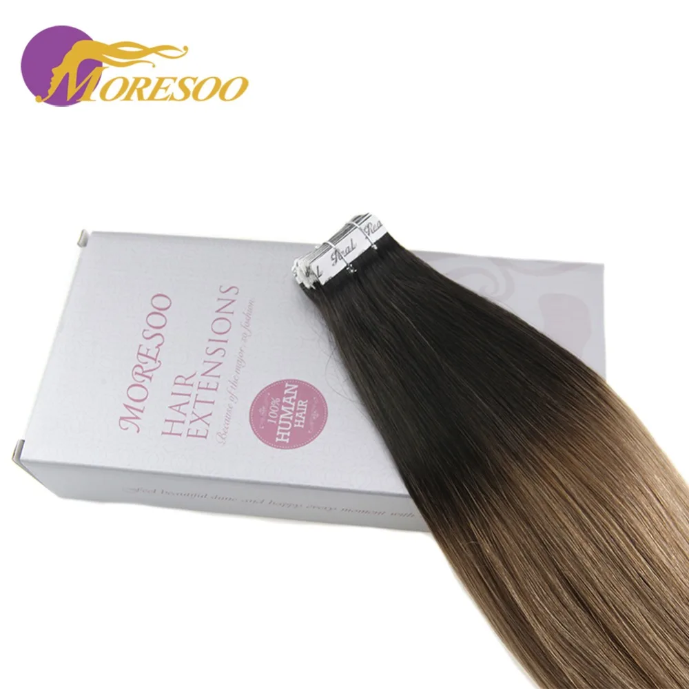 Moresoo 14-24 inch Tape in Human Hair Extensions Ombre Blonde Color Real Remy Adhesive Hair Extensions 2.5g/pc 25g-100g