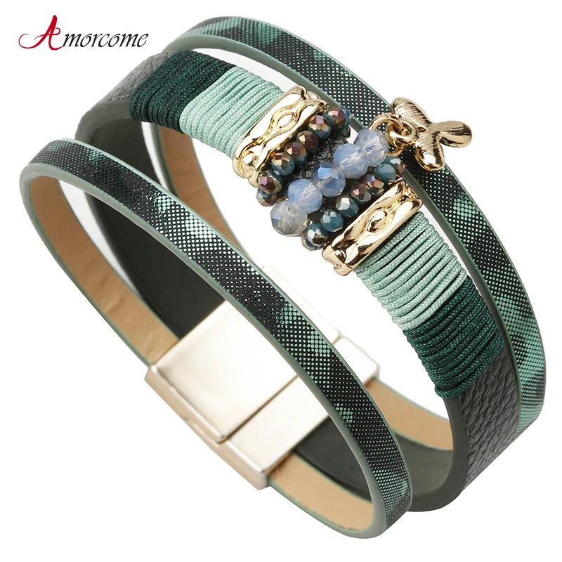 

Amorcome Multilayer Bracelets for Women Femme Trendy Crystal Metal Clover Leaf Charm Wide Wrap Leather Bracelet Female Jewelry