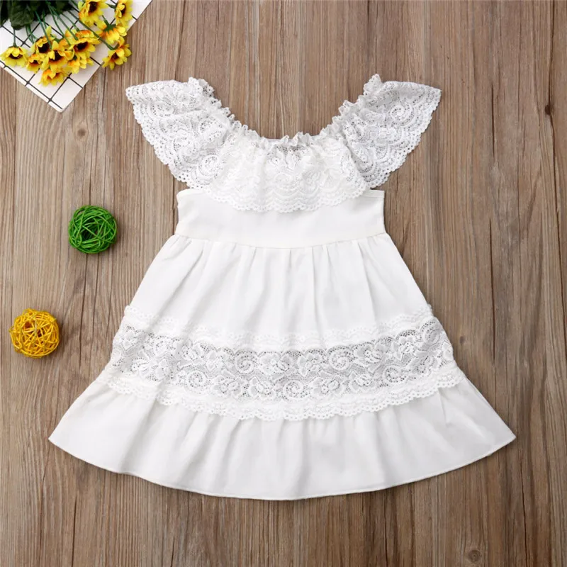 

Girl Flowers Long Beach Dress Kids Baby Girl Lace Princess Dress Off Shoulder Lace Ruffle Party Sundress Ankle-Length Dress 1-6Y
