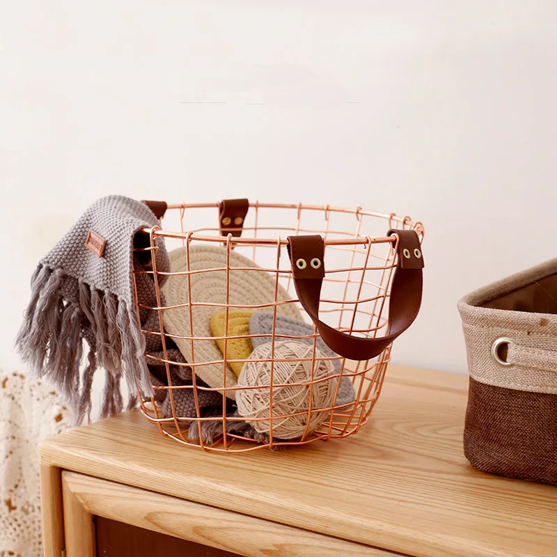 Rose Gold Color Metal Storage Baskets Nordic Style Round Iron Wire