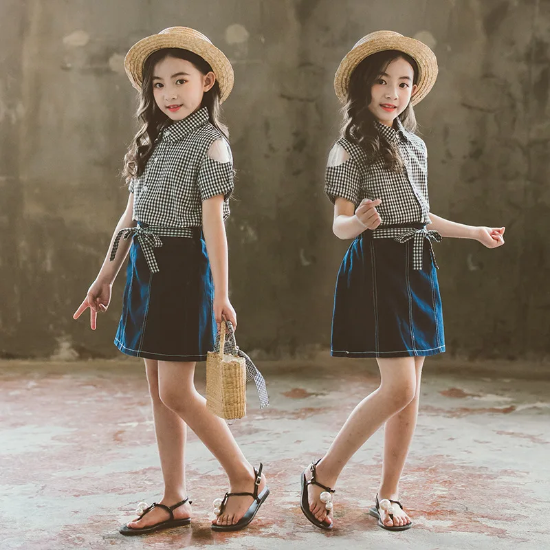 

Children Clothing Sets Summer Girls fashion Suit Cotton plaid shirt+Denim skirt 2Pcs Girls Clothes 4 6 8 10 12 13 Years