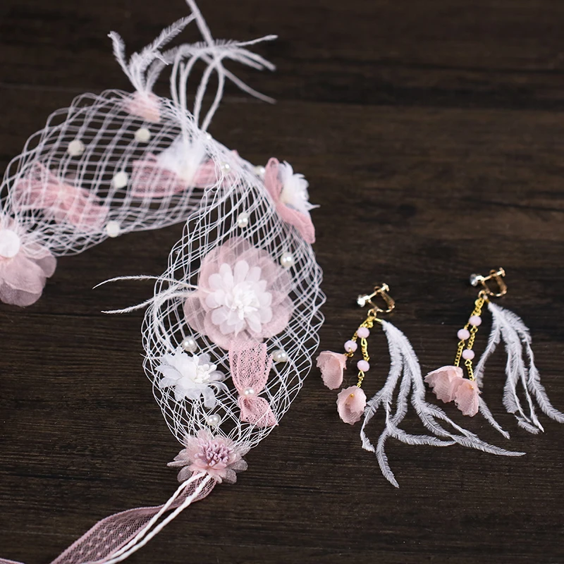 

New 2018 Bridal Flower Garland Pink Mesh Feather Hair Band Earrings Set