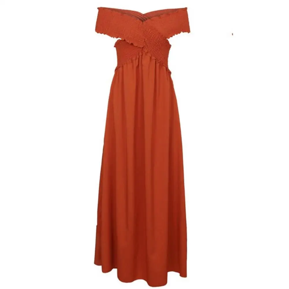 

Women Off Shoulder Dress Orange Brown Boho Long Maxi Dress Ladies Party Dresses Summer Beach Sundress
