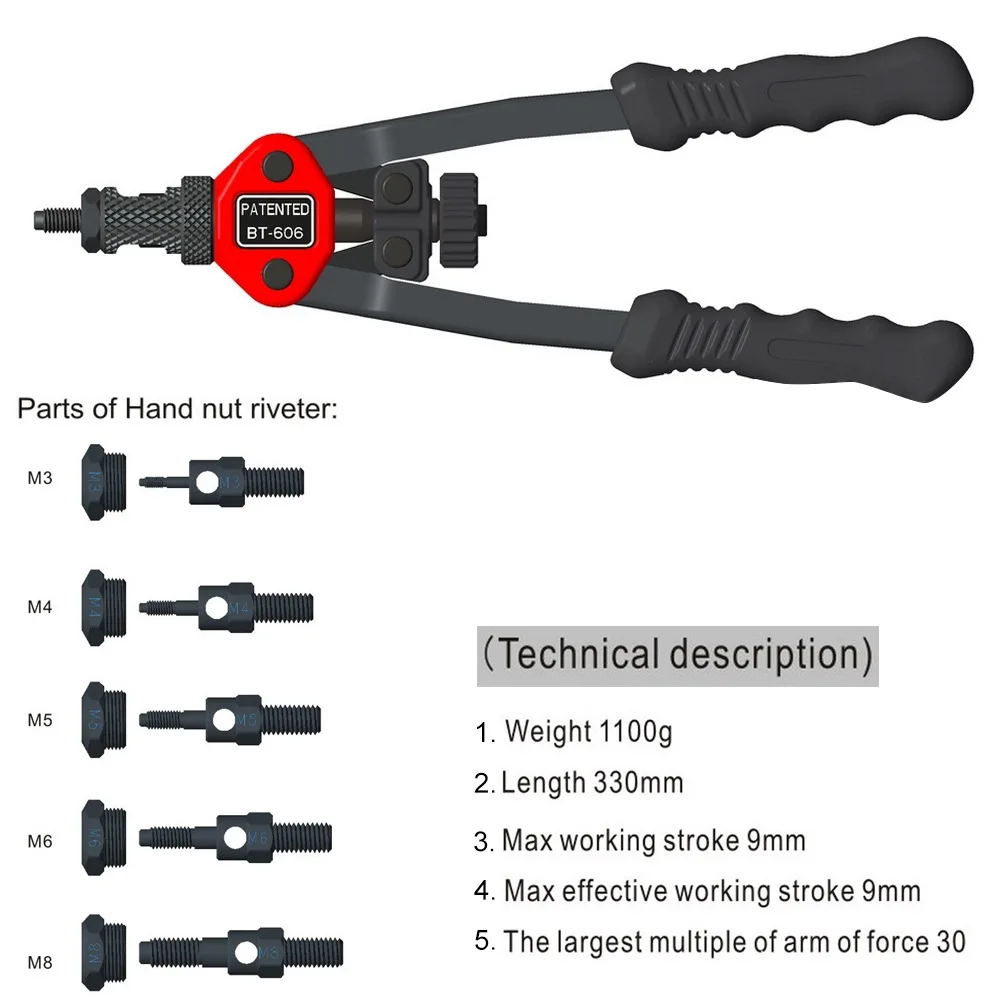 

Riveter Gun Auto rivet tool 12" Blind Rivet Nut Gun Heavy Hand INSER NUT Tool Manual Mandrels M3 M4 M5 M6 M8 M10 M12 BT-606