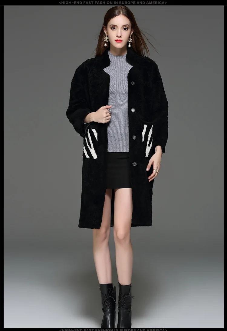 LVCHI/Большие размеры, женские пальто из натурального меха с рисунком зебры, шуба-пальто из натурального меха черного цвета с воротником-стойкой, шерстяное пальто с широкой талией - Цвет: Черный