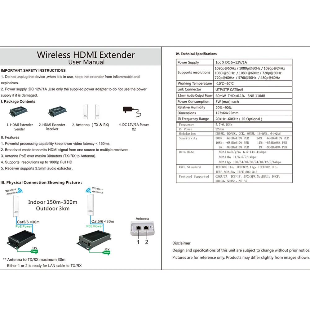 1080P Wireless HDMI Extender 5.8GHZ Support Max