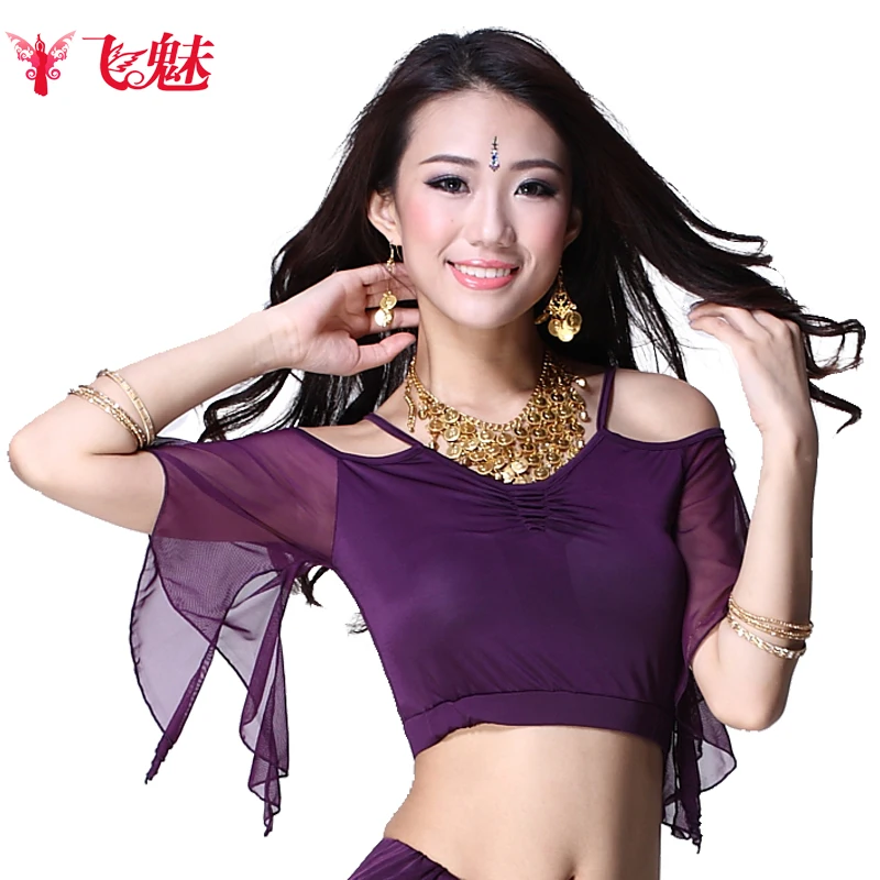 

Women's Belly dance Costume suspenders strapless Net Yarn Sleeve tops belly dancing Milk silk Short-sleeved practice top