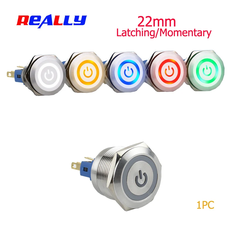 

22mm Latching Waterproof Metal Push Button Switch LED light 3V 6V 12V 24V 36V 48V 110V 220VRed Blue Green Yellow White Button