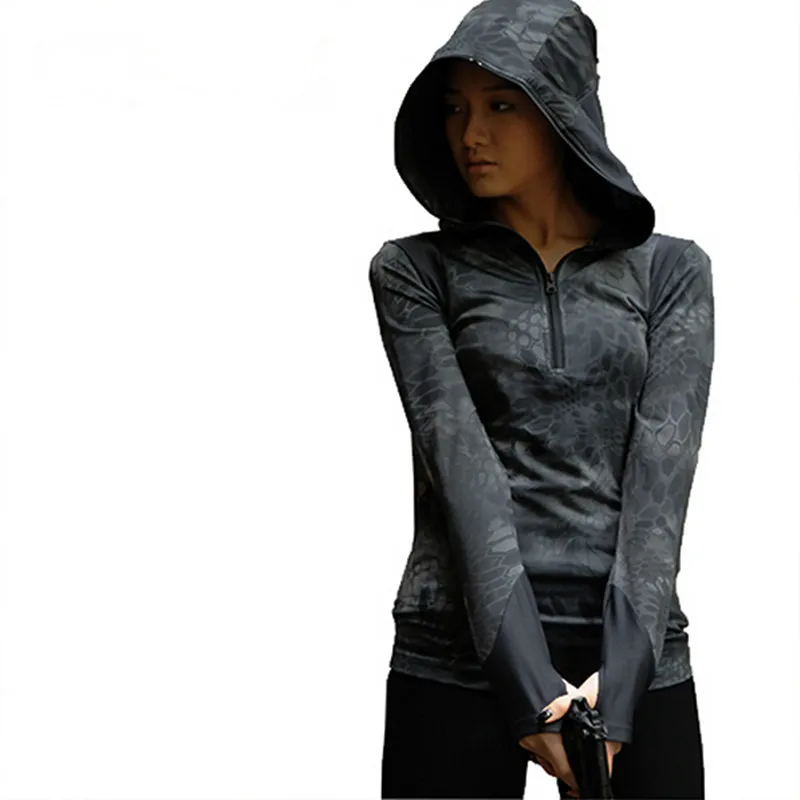 

New Women Tactical Hood T-shirt Long Sleeve Camouflage Elastic Breathable Hoodie T-shirt Combat CS Paintball Game