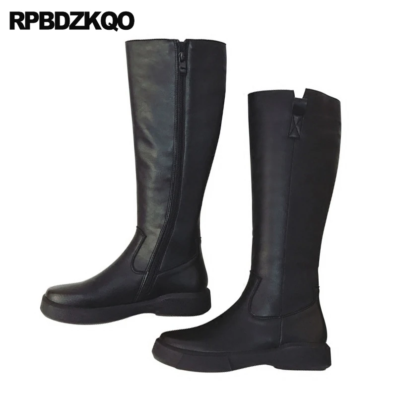 

Platform Ladies Long Slim Black Shoes Round Toe Sexy Flat Female Riding Side Zip Boots Knee High Chinese Fashion New 2017