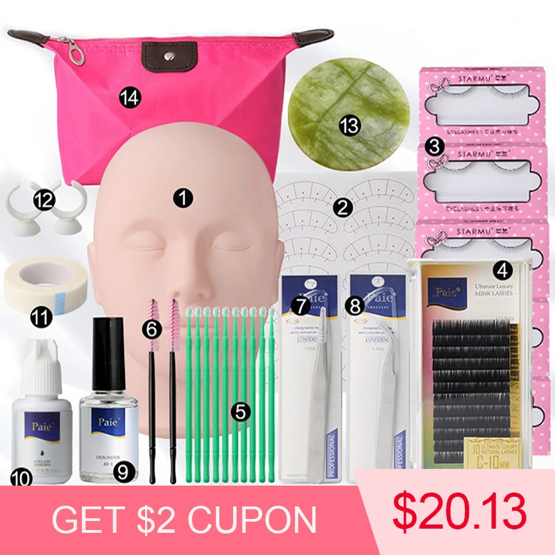 

14/16Pcs Set Eyelash Extension Practice Exercise Kit Special Grafting Eyelash Set Beauty Salon Makeup Mannequin Head Set Tool