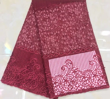 

High Quality 2019 African French Net Lace Fabric Embroidered Nigerian Lace Fabric 5Yards tulle net Lace With Stones JLL3722 wine