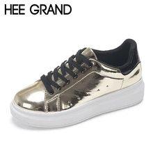 HEE GRAND Patent Leather Creepers Platform Shoes Woman 2017 Casual Loafers Gold Silver Flats Lace-Up Women Shoes XWC1010