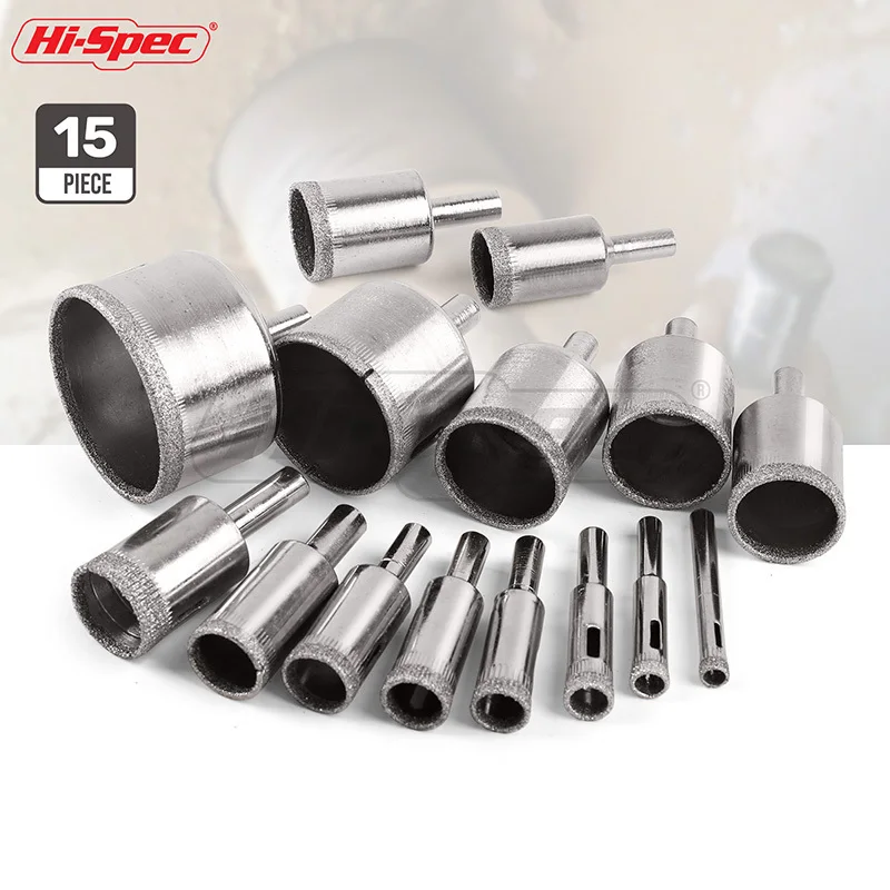 Hi-Spec 15pc 6-50mm Diamond Coated Drill Bit Set Tile Marble Glass Ceramic Hole Saw Drilling Bits For Power Tools TT002 Hi-Spec 15pc 6-50mm Diamond Coated Drill Bit Set Tile Marble Glass Ceramic Hole Saw Drilling Bits For Power Tools TT002