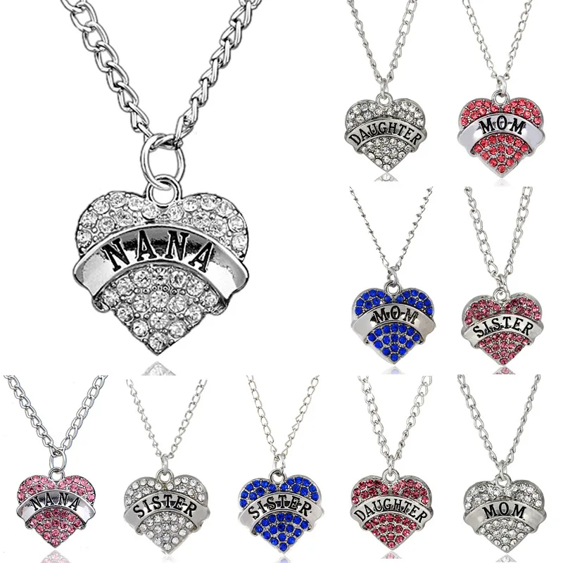 

Rhinestone Fashion Love Heart Charm Pendant Necklace For Sister Daughter Mom Nana Family Jewelry Gift