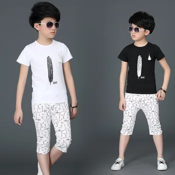 

Boys Clothes Summer Clothing Set 2019 New Casual O-neck Short Sleeve Feather Printed Two Pieces 4-10T Boy Suits High Quality