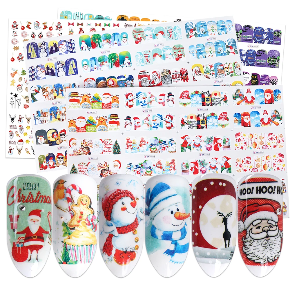 

12 Designs Christmas Water Nail Stickers Transfer Decals Sliders Snowman Deer Halloween Gel Polish Wraps Nail Decor TRBN985-1032