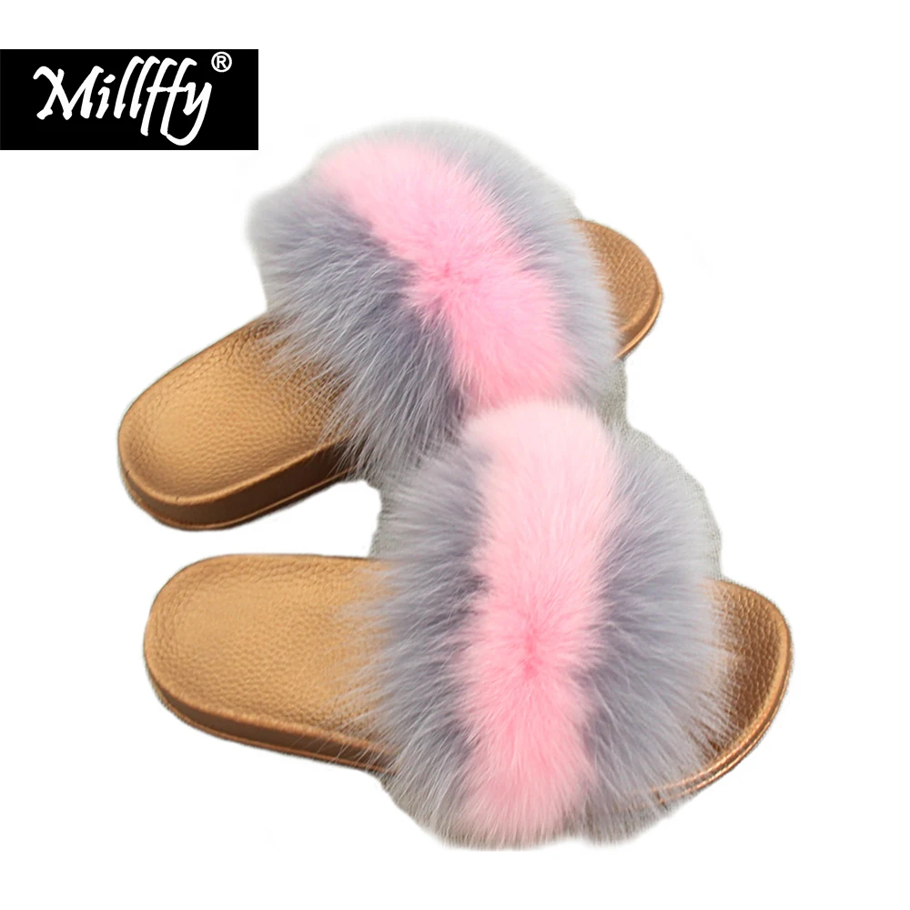 

Millffy Fox hair female slippers home fashion non-slip fur leisure beach shoes flip flops first copy shoes