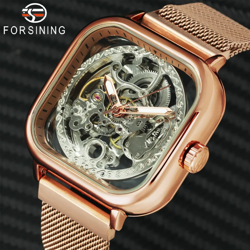 Online Reloj Unisex de lujo para hombre, marca FORSINING, Correa magnética con esfera hueca mecánica automática, reloj de pulsera real de moda, reloj de hombre HIP HOP