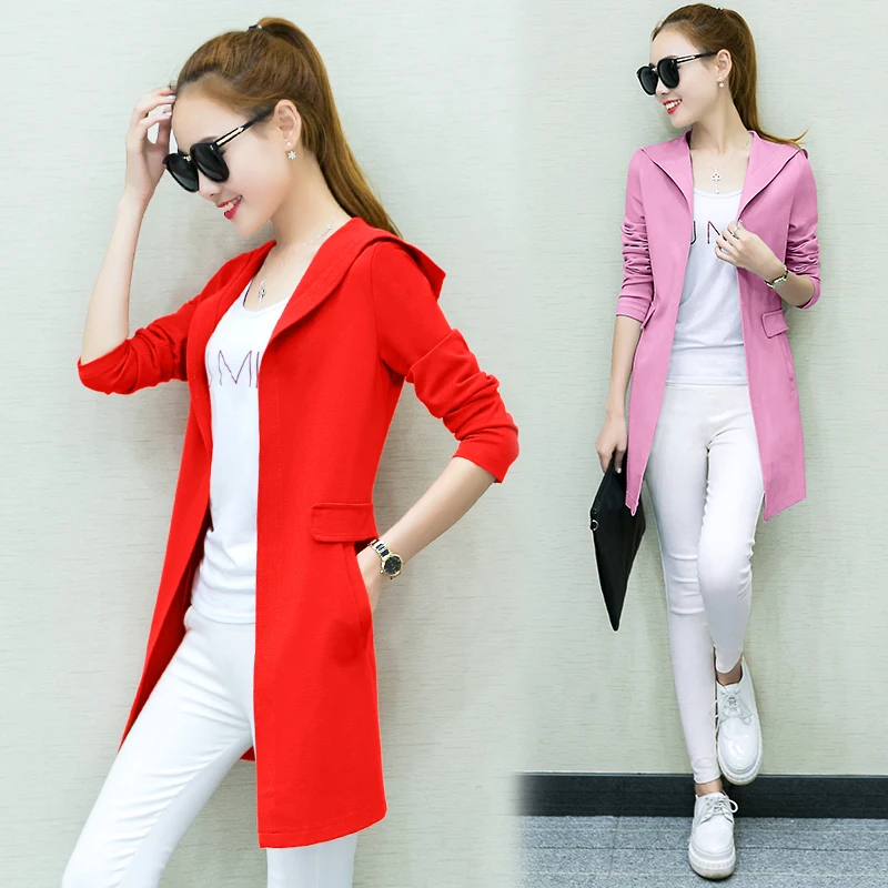 

Spring Korean version of the new women's hooded windbreaker jacket solid color long cardigan thin section cultivating wild