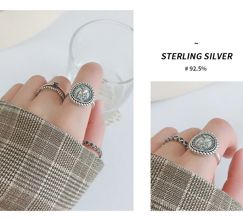 F.I.N.S Vintage Old 925 Sterling Silver Rings for Women Retro Round Elizabeth Portrait Finger Ring Female Costume Fine Jewelry