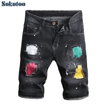 

Men's colored patchwork slim straigth stretch denim shorts Fashion summer patches knee length ripped jeans