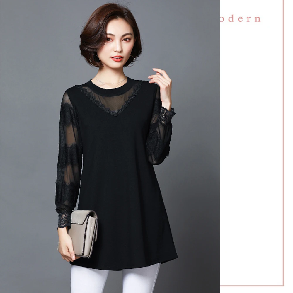 Spring and summer new style large size L-5XL women's clothing Temperament lace mesh gauze stitching top
