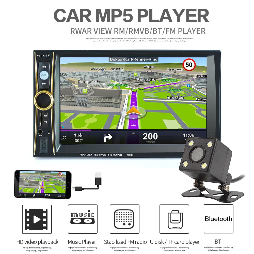 

6.6 Inch 2 Din Car Stereo MP5 Player Phone Tablet Connected GPS Bluetooth FM Radio DVR with Rear View Camera