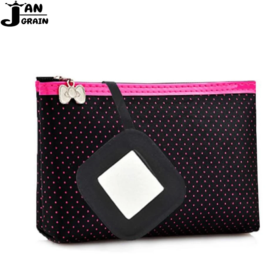 

Fashion Women Dot Cosmetic Bag Travel Makeup Bag Mirror Zipper Make Up Organizer Storage Pouch Toiletry Beauty Wash Kit Case