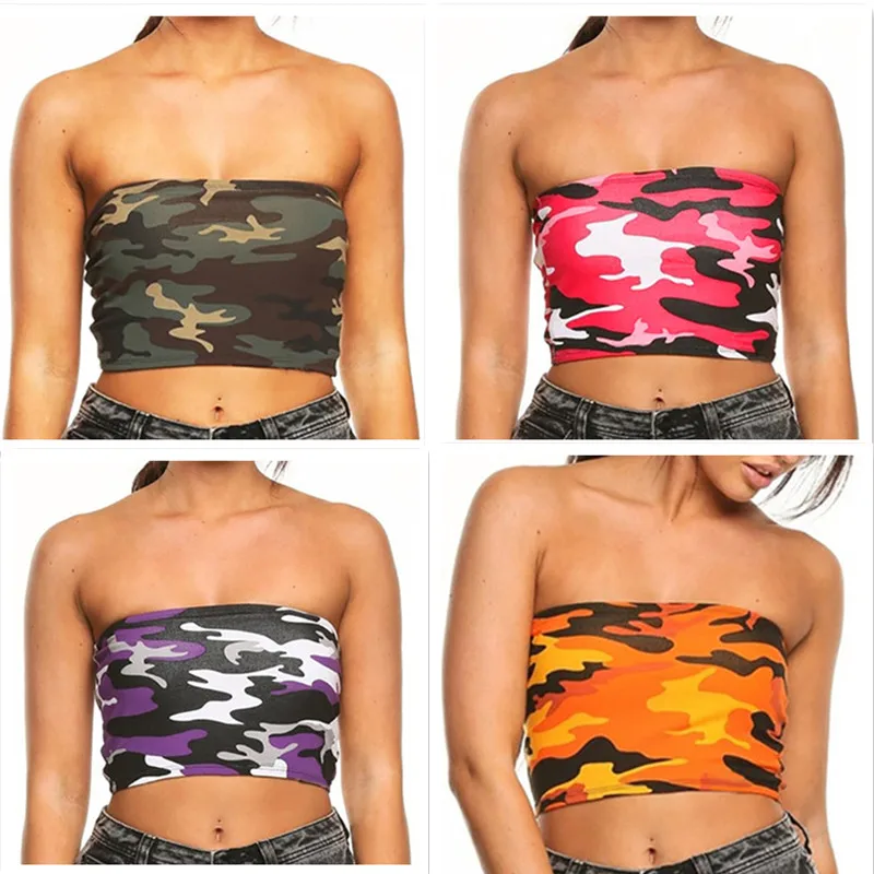 punk Fashion Women Tank Tops Strapless Camouflage boob Bandeau Tube