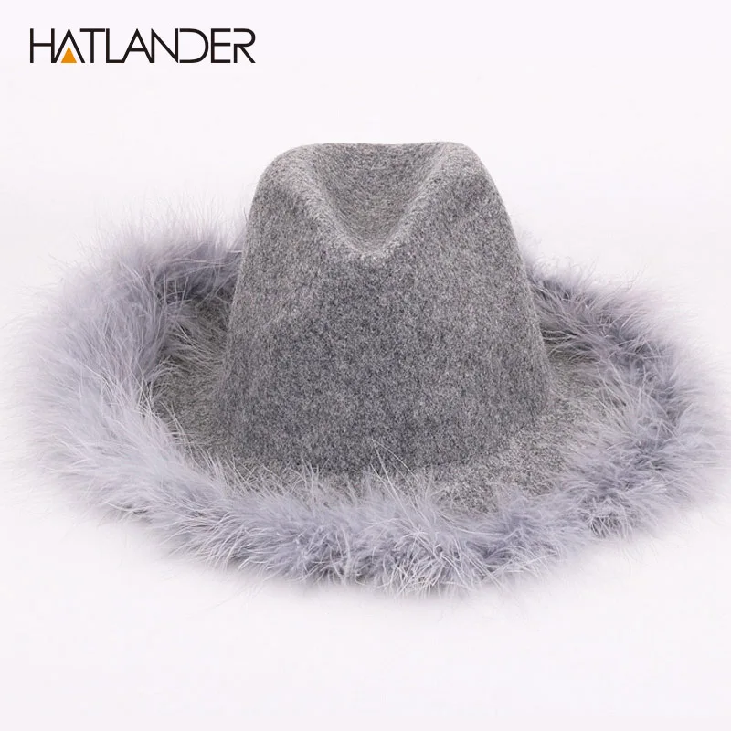 

[HATLANDER]Wide brim floppy 100% wool hats for women fedoras solid cashmere Jazz cap ostrich hair autumn winter panama top hat