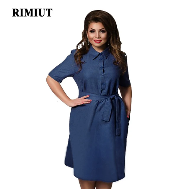 rimiut fashion plus size 6xl women autumn denim dress loose sashes plus size workwear