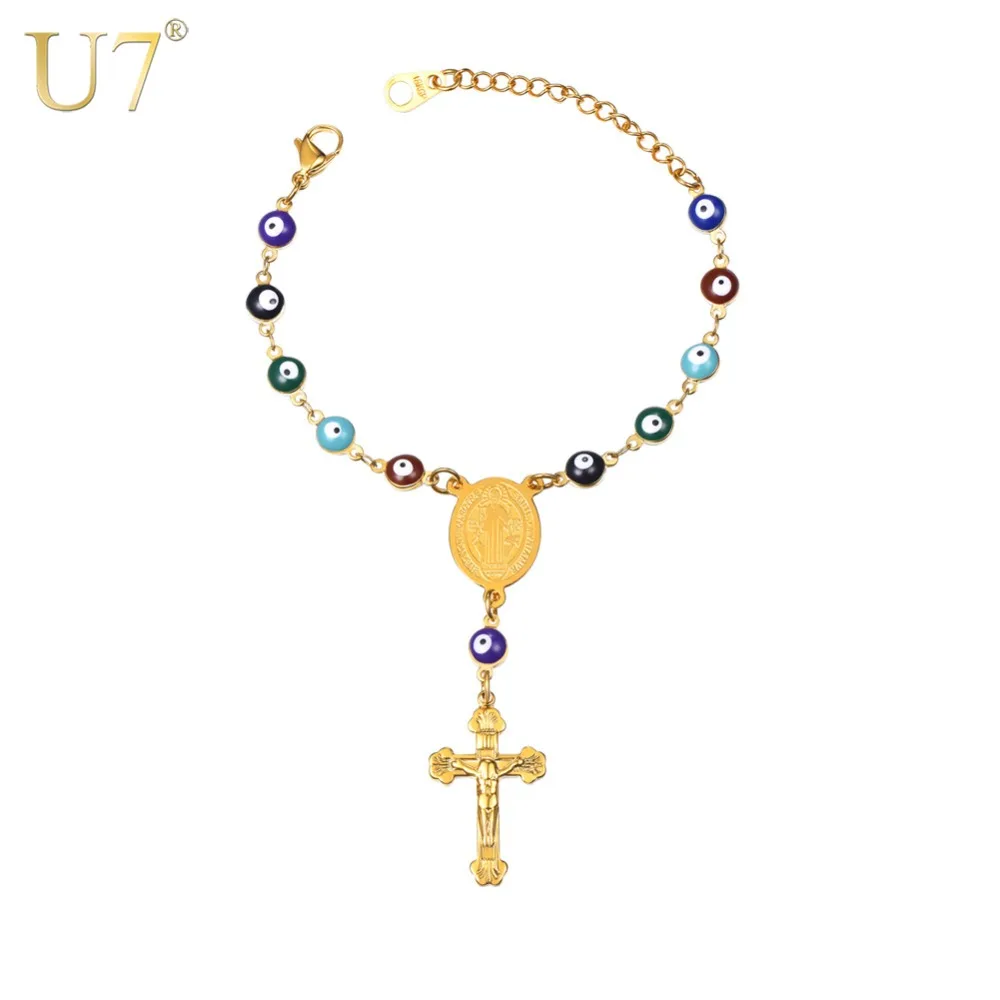 

U7 New Gold Color Saint Benedict Charm Bracelet Cross Jewelry Stainless Steel Eye Link Chain Bracelets For Men/Women H888