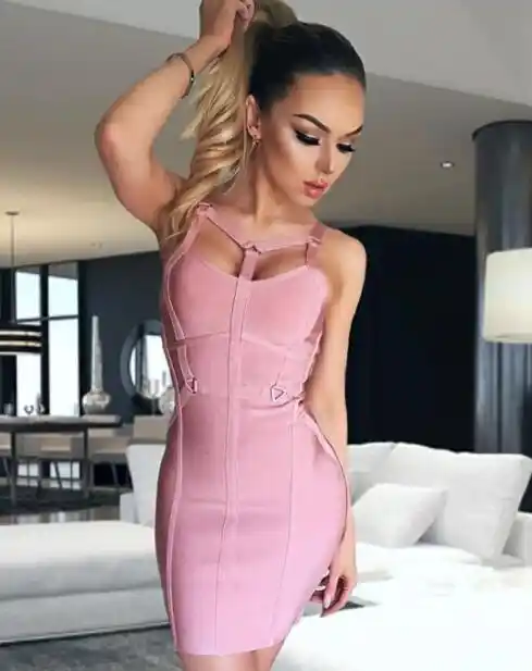 18新しい女性の夏セクシーなファッションダスティピンクカットアウトレーヨン包帯ドレスデザイナー有名人のパーティードレス ドレス Aliexpress