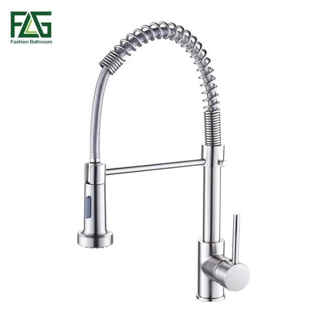 Cheap Spring Style Kitchen Faucet Brushed Nickel Faucet Pull Out Torneira All Around Rotate Swivel 2-Function Water Outlet Mixer Tap