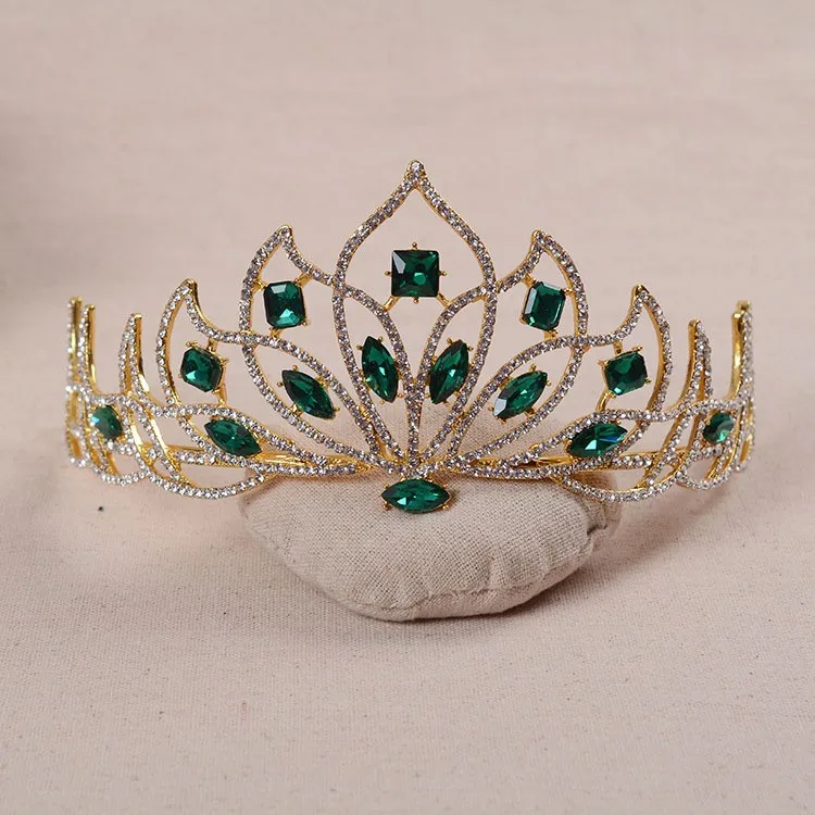 Золотая свадебная тиара в стиле барокко с красным кристаллом, диадема для невесты, зеленые стразы, корона для женщин, свадебные повязки на голову, ювелирные изделия для волос, аксессуары - Окраска металла: Green
