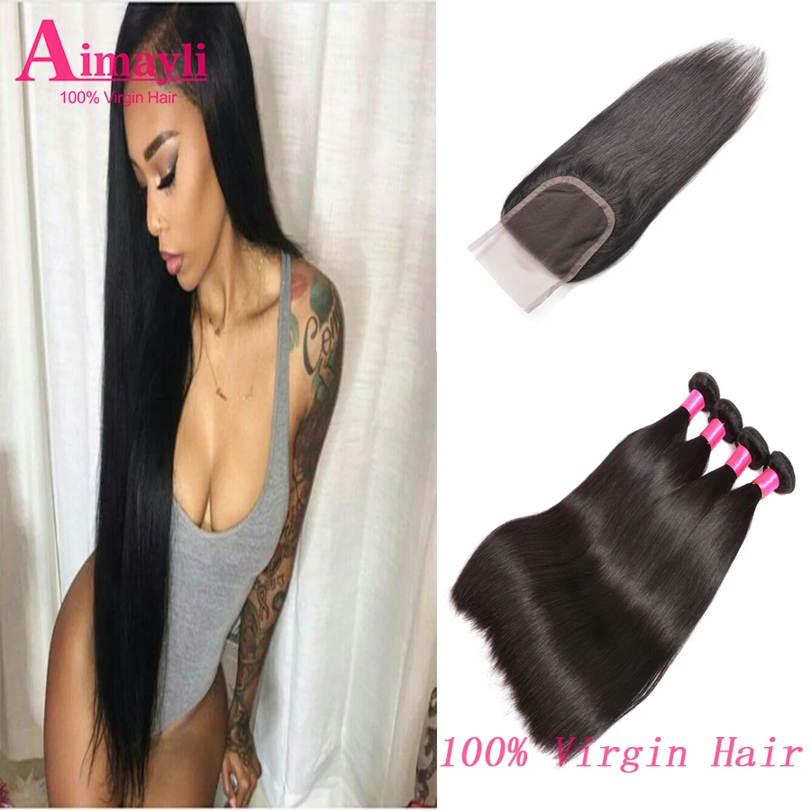 

8A Malaysian Virgin Hair With Closure Virgin Hair 3 Bundles Malaysian Straight Human Hair Extensions Straight With Lace Closure