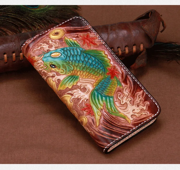 À Cuir Cuivre Cadeau Carpe Multi Sacs Pochette Main Fermeture Femmes Éclair Véritable Pièce Portefeuille Sac Tanné Portefeuilles Sculpture Végétal En Longue fn5WWq8