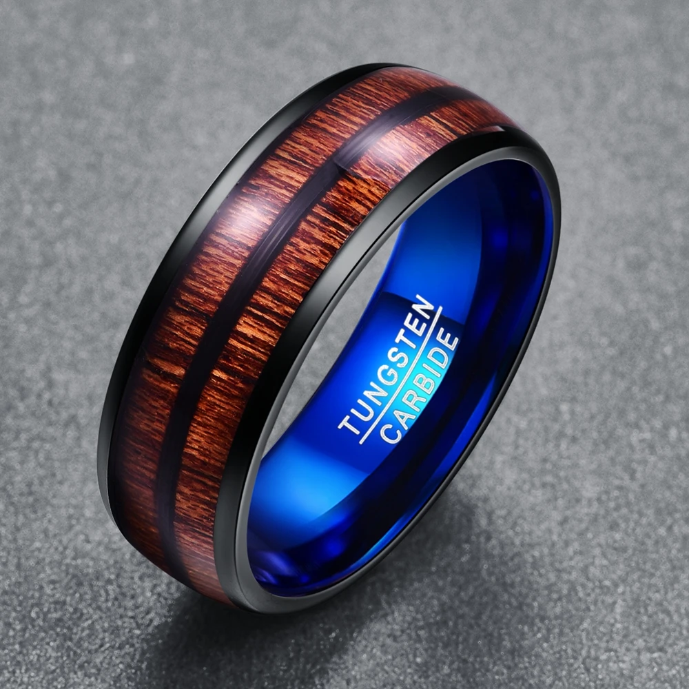 Comprar Nuncad anillos de carburo de tungsteno de 8MM de ancho, cúpula negra y azul, anillos de tungsteno, anillo de tungsteno de doble ranura con incrustaciones de madera de Acacia