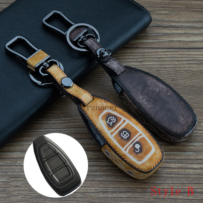

New Antique Doodle Genuine leather + Metal alloy car key cover case ring keychain For Ford New Focus Fiesta Ecosport kuga
