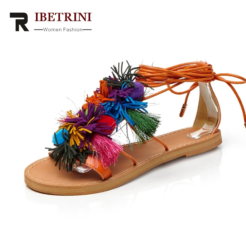 

RIBETRINI 2018 Summer Concise Cow Leather Ethnic Women Ankle Wrap Sandals Low Heels Casual Shoes Woman Size 35-39