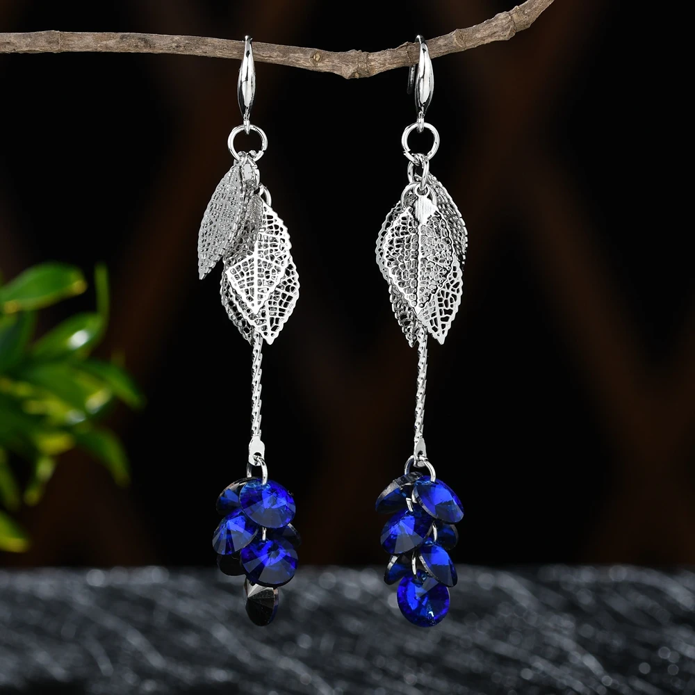 

Elegant Blue Crystal Multicolor Leaves Silver Color Earrings Long Drop Dangle Earrings Jewelry for Women Girls
